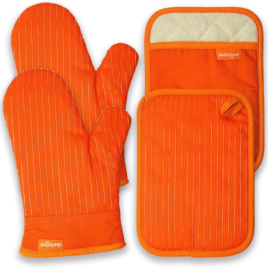 Oven Mitts Orange, Orange Oven Mitts and Pot Holders Set, Heat Resistant Oven Mit Gloves Hot Pads for Kitchen Cooking Grill, 4 Piece Set