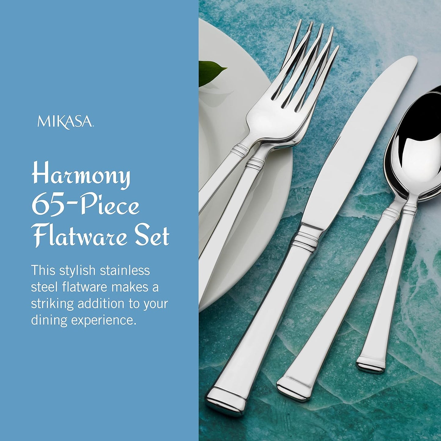 Mikasa Harmony 65-Piece Flatware Set for 12, 18/10 Stainless Steel Silverware with Forks, Knives, Spoons, and Serving Utensils, Elegant Design