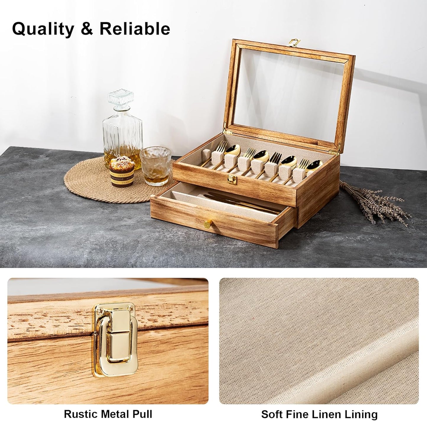 Silverware Box, 2-Layer Wooden Silverware Storage Box with Glass Lid, 14.5×10.6 Inches Vintage Style Decor Flatware Storage Case for Fine Flatware & Utensils, Gift Idea (Torched Wood)