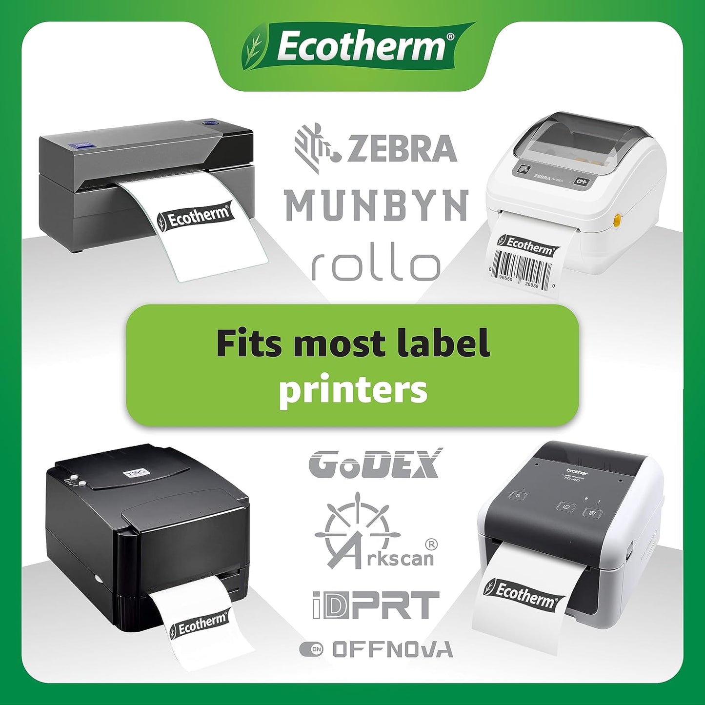 4" x 1" Thermal Labels | 6 Rolls | 15000 Labels | fits Zebra, Munbyn, Rollo, Godex, Arkscan, iDPRT, Offnova Thermal Label Printers and More | Blank White Adhesive Stickers by Ecotherm