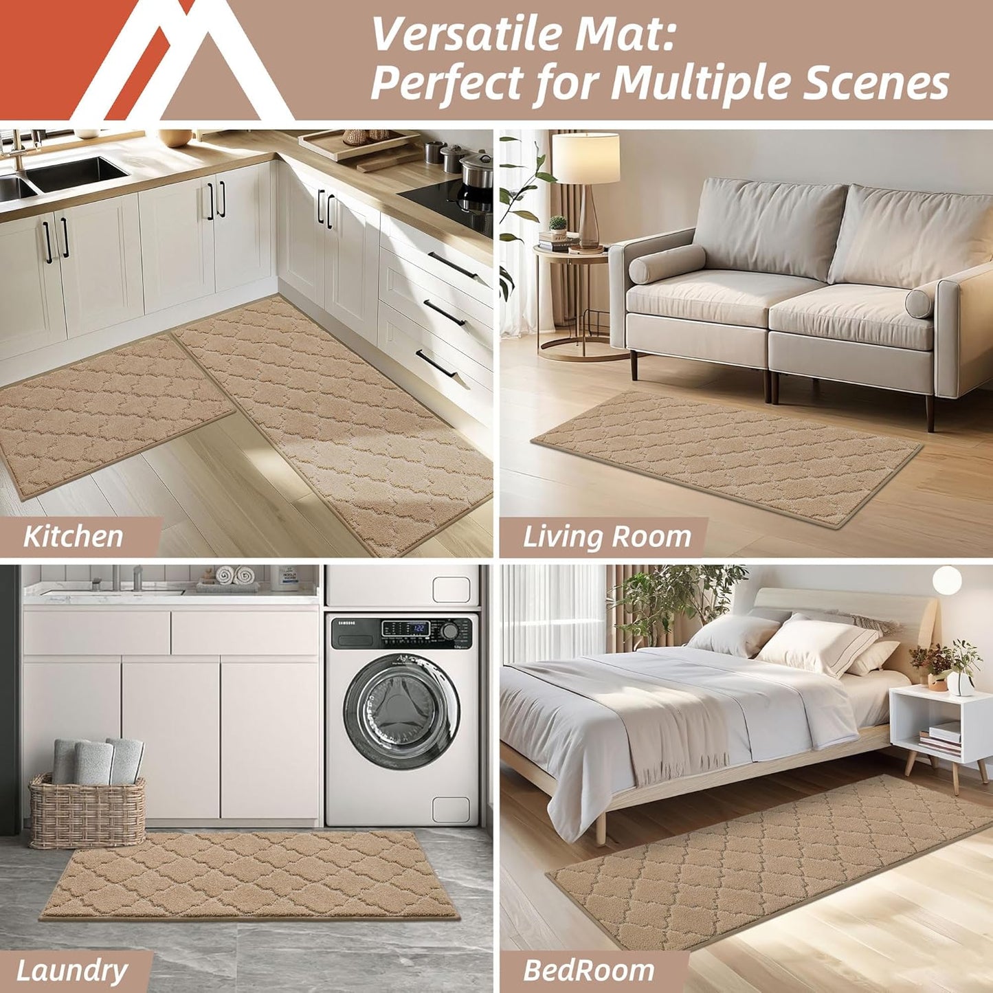 COSY HOMEER Soft Kitchen Rugs [2 PCS] for in Front of Sink Super Absorbent Kitchen Floor Mats and Mats 24x35 Inch/24X60 Non-Skid Kitchen Mat Standing Mat Washable,Polyester,Beige