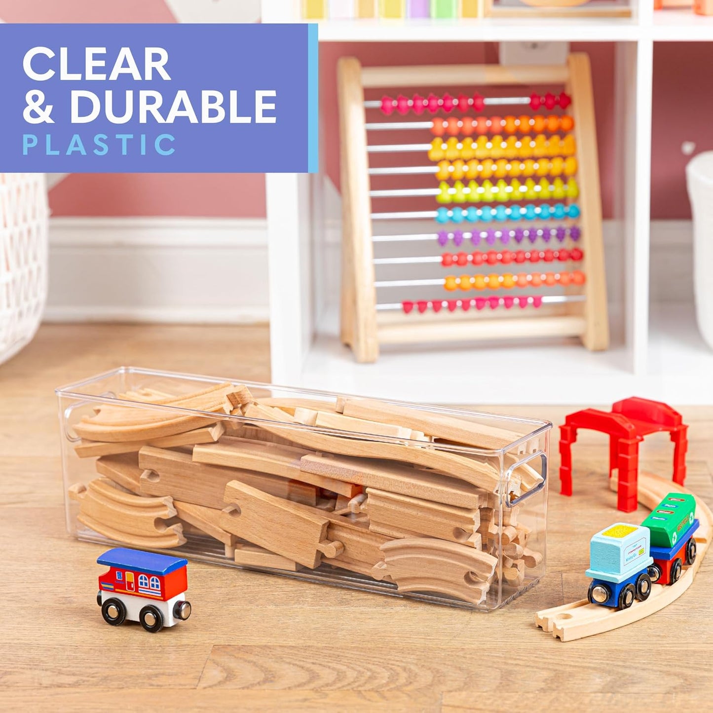 Plastic Food Storage 6 Pack Clear Container Bin with Handles for Organizing Kitchen, Pantry, Refrigerator, Freezer, Pantry, Cabinet, Closet, Bathroom. 14”x4”x5”