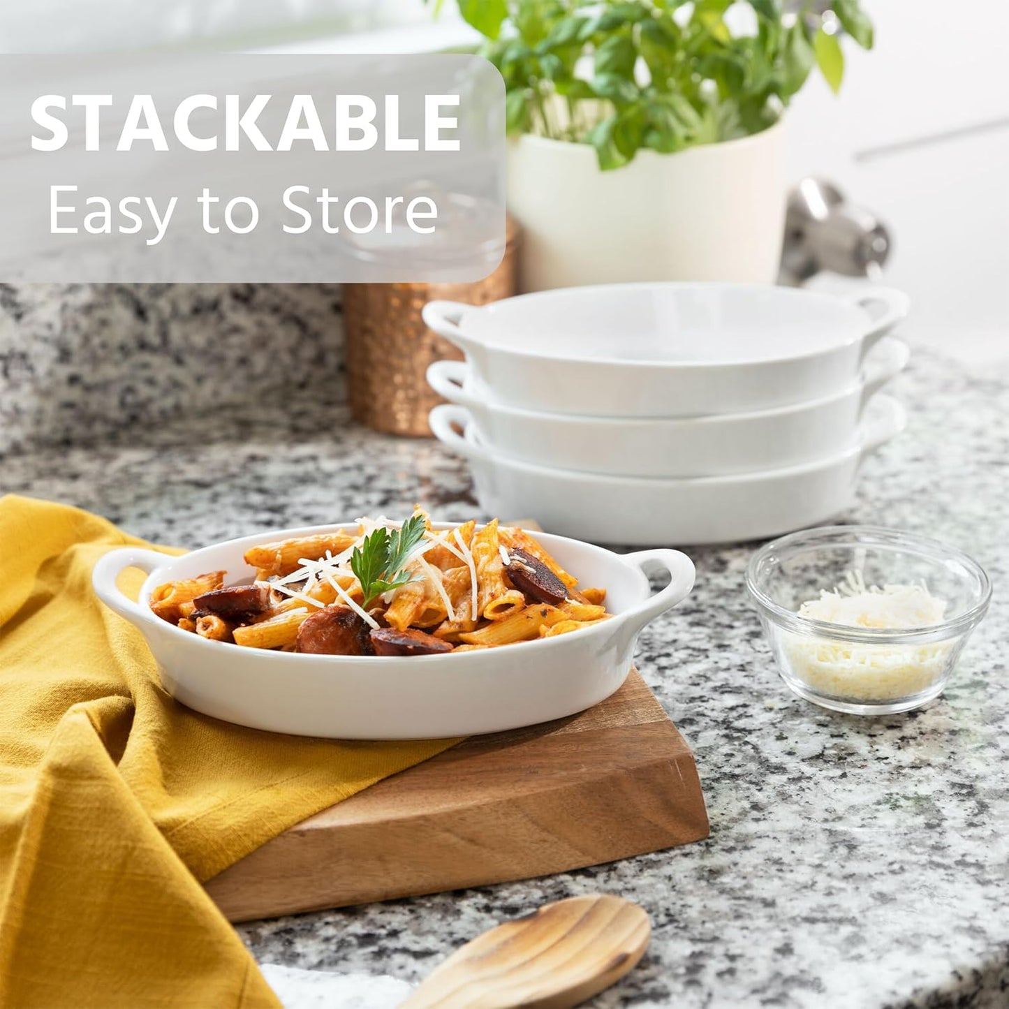 Oval Au Gratin Baking Dishes for Oven Safe and Microwave Cooking and Baking, 4 Pc. Set, Heat Resistant Ceramic with Handles for Serving, Small Mini Casserole Dish, 8" x 5", 16 oz, White