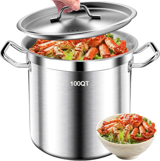 Large Stock Pot - 100QT Stainless Steel Stockpot with Lid, Heavy Duty Tri-Ply Bottom Commercial Grade Soup Pot for Cooking Soup, Stew, Canning, Oven, Gas, Ceramic, Dishwasher Safe