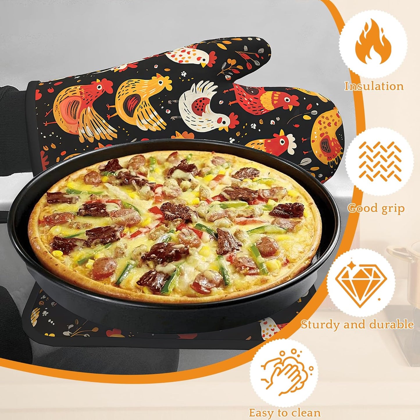 Colorful Rooster Oven Mitts and Pot Holders,Cute Chicken Heat Resistant Oven Mitts Gloves and Pot Holder for Home Kitchen Decorations Cooking Baking BBQ Gifts,Set of 4