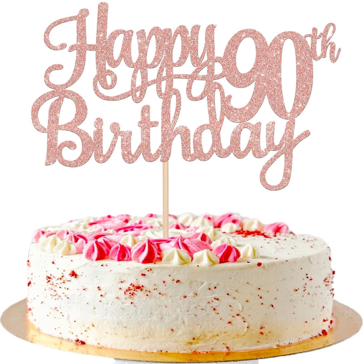 1 PCS Happy 90th Birthday Cake Topper Glitter Cheers to 90 Years Birthday Cake Pick 90 Fabulous Cake Decoration for Happy 90th Birthday Theme Party Decorations Supplies Rose Gold