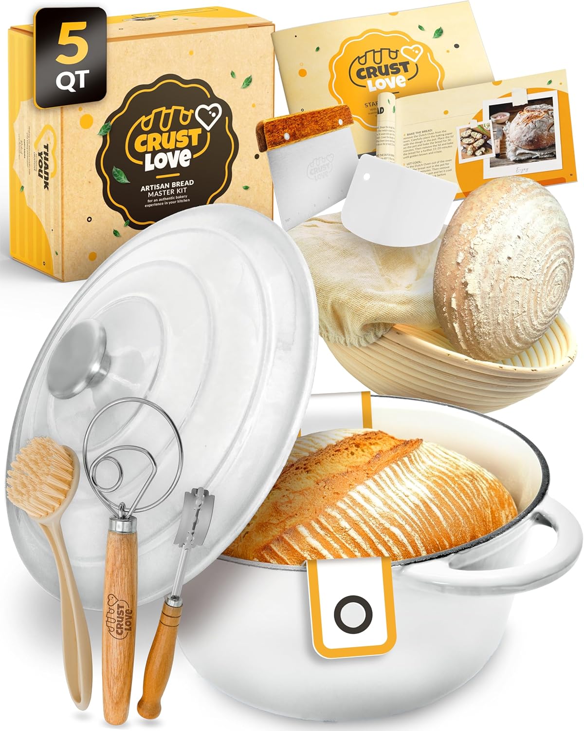 Dutch Oven for Bread Baking - incl. Sourdough Bread-Baking Supplies like Banneton Bread-Proofing Basket - 5QT Enameled Cast Iron Bread-Oven with Lid, Baking Pan, Scoring Tool Lame