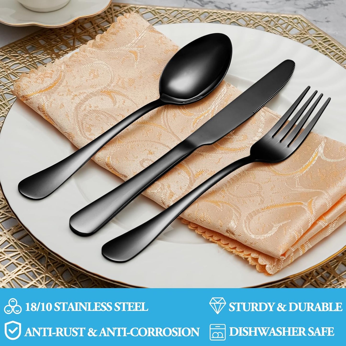 20 Pcs Black Silverware Set, Stainless Steel Flatware Set Service for 4, Mirror Polished Cutlery Utensil Set, Durable Home Kitchen Eating Tableware Set, Include Fork Knife Spoon Set, Dishwasher Safe