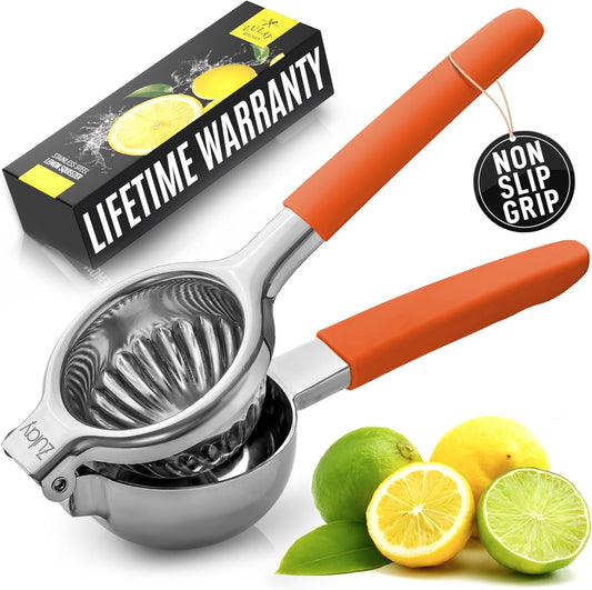 Zulay Lemon Squeezer Stainless Steel with Premium Heavy Duty Solid Metal Squeezer Bowl and Food Grade Silicone Handles - Large Manual Citrus Press Juicer and Lime Squeezer Stainless Steel (Orange)