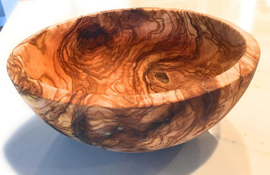 12" Artisan Olive Wood Serving Bowl/Centerpiece Rare Decorative Wooden Bowl for Fruit, Salad, Snacks, Chips. Popcorn. In Small 6", Med 7", Lg 8", XL 11", XXL 12". (XXL 12 inch)