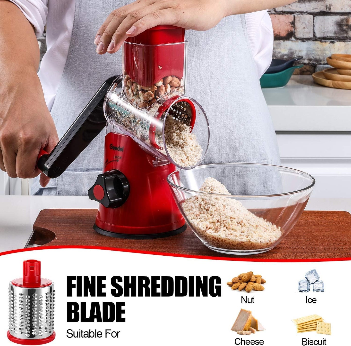 Geedel Rotary Cheese Grater, Kitchen Mandoline Vegetable Slicer with 2 Interchangeable Blades, Easy to Clean Rotary Grater Slicer for Fruit, Vegetables, Nuts