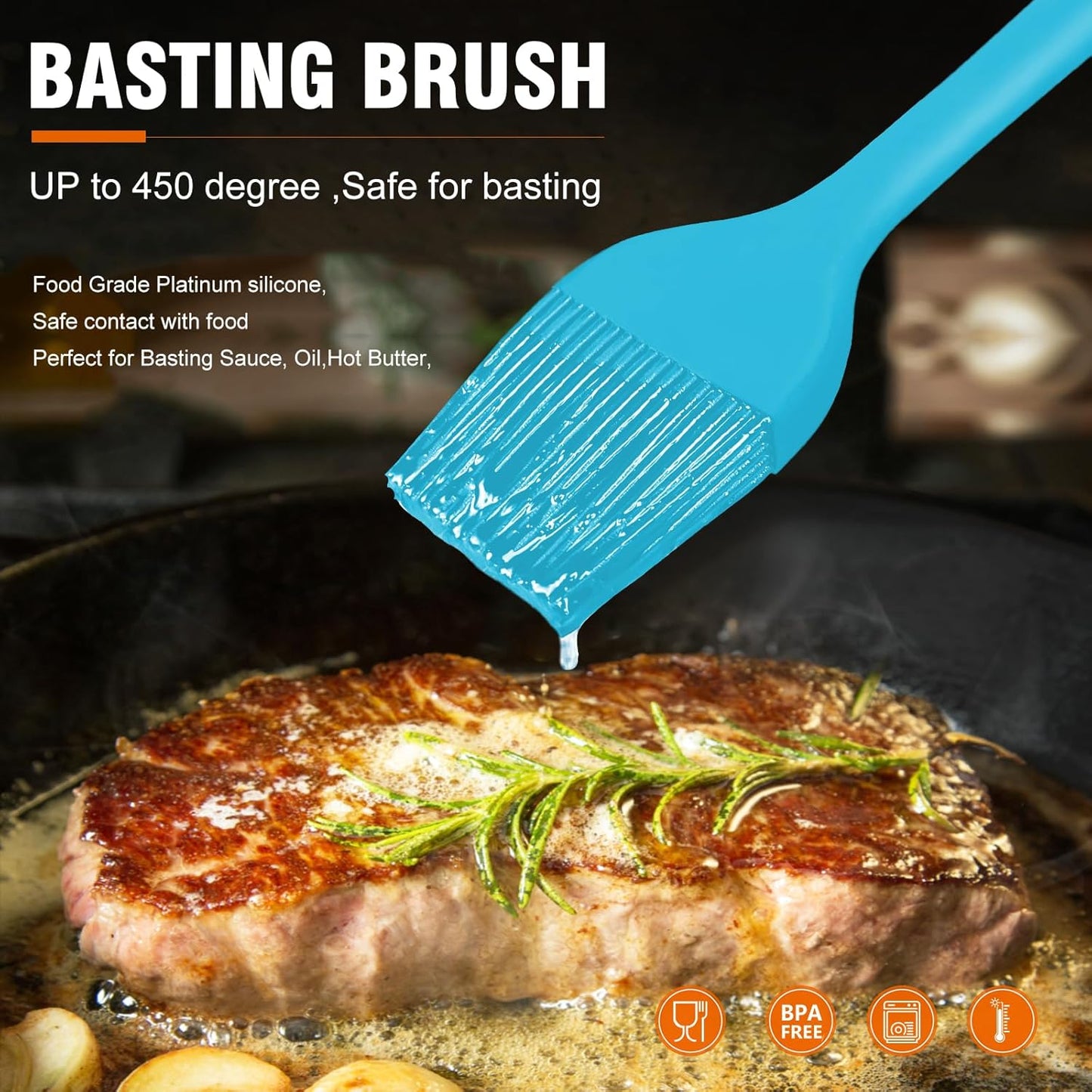 Walfos Silicone Basting Pastry Brush, Heat Resistant Pastry Brush Set, Strong Steel Core and One-Pieces Design, Perfect for BBQ Grill Baking Kitchen Cooking, BPA Free and Dishwasher Safe, 2 Pcs (Blue)