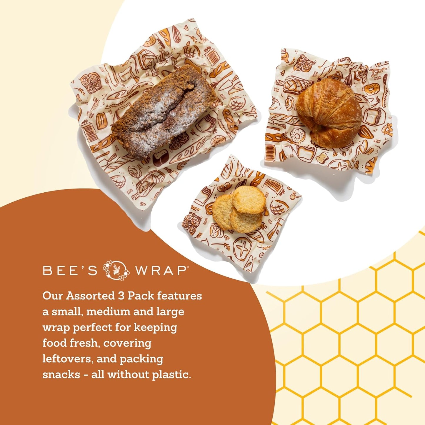 Bee's Wrap Beeswax Wraps for Food - Bakery Lane 3 Pack (S, M, L) Made in USA Reusable & Organic Food Wraps, Sandwich Wrap & Bowl Covers - Eco-Friendly Alternative to Aluminum Foil & Plastic Wrap