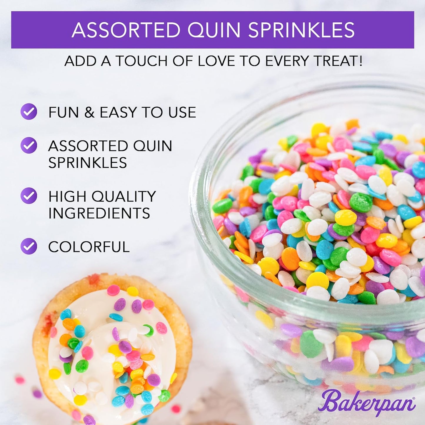 Bakerpan Quins Sprinkles for Cake Decorating - 4 Ounces - Gold Edible Confetti Sprinkles for Cupcakes, Ice Cream, Cookies, Cakes (Made in USA)
