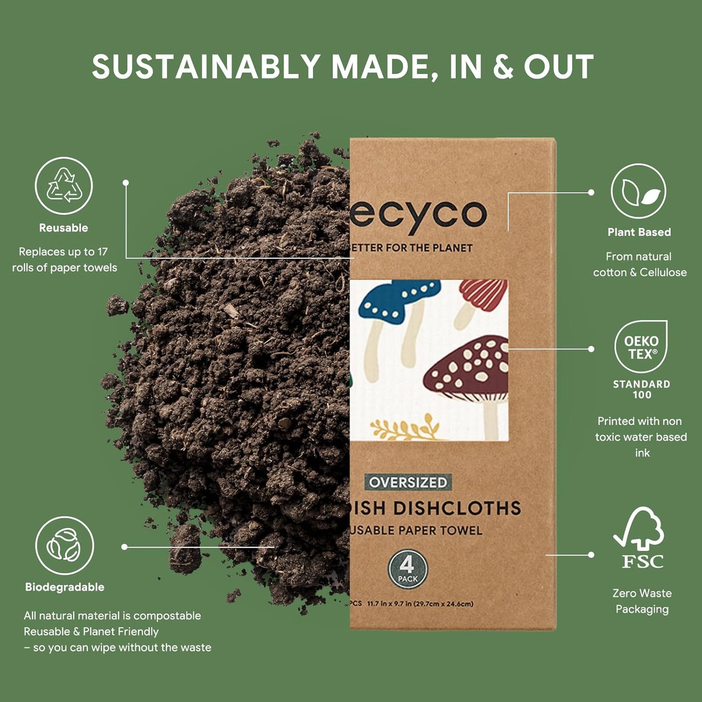 RECYCO Swedish Dishcloths for Kitchen | 4 Pack Oversized Washable Dish Rags | Large Cellulose Reusable Cleaning Paper Towels | Absorbent Counter Dish Cloth Sponge XL Kitchen Wipes, 12" L x 10" W