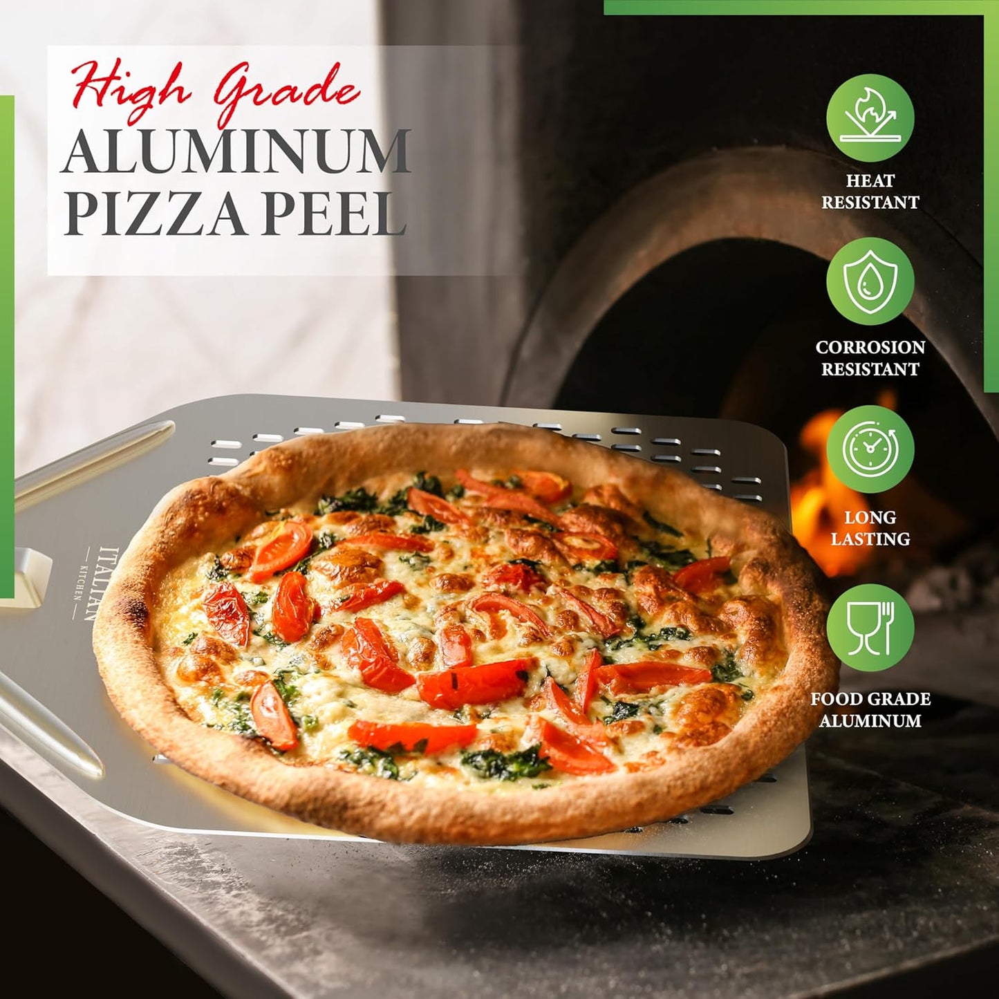 Perforated Pizza Peel 13"W x 16.7"L - Professional Restaurant Grade Large Metal Pizza Peel - 27.3" Long Handle Aluminum Turning Peel - Commercial Pizza Paddle