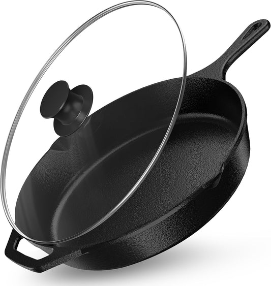 Utopia Kitchen Saute Frying Pan 12 Inch, Cast Iron Chefs Pan, Pre Seasoned Cast iron Skillet With Lid, Safe Grill Cookware for Indoor & Outdoor Use, Black