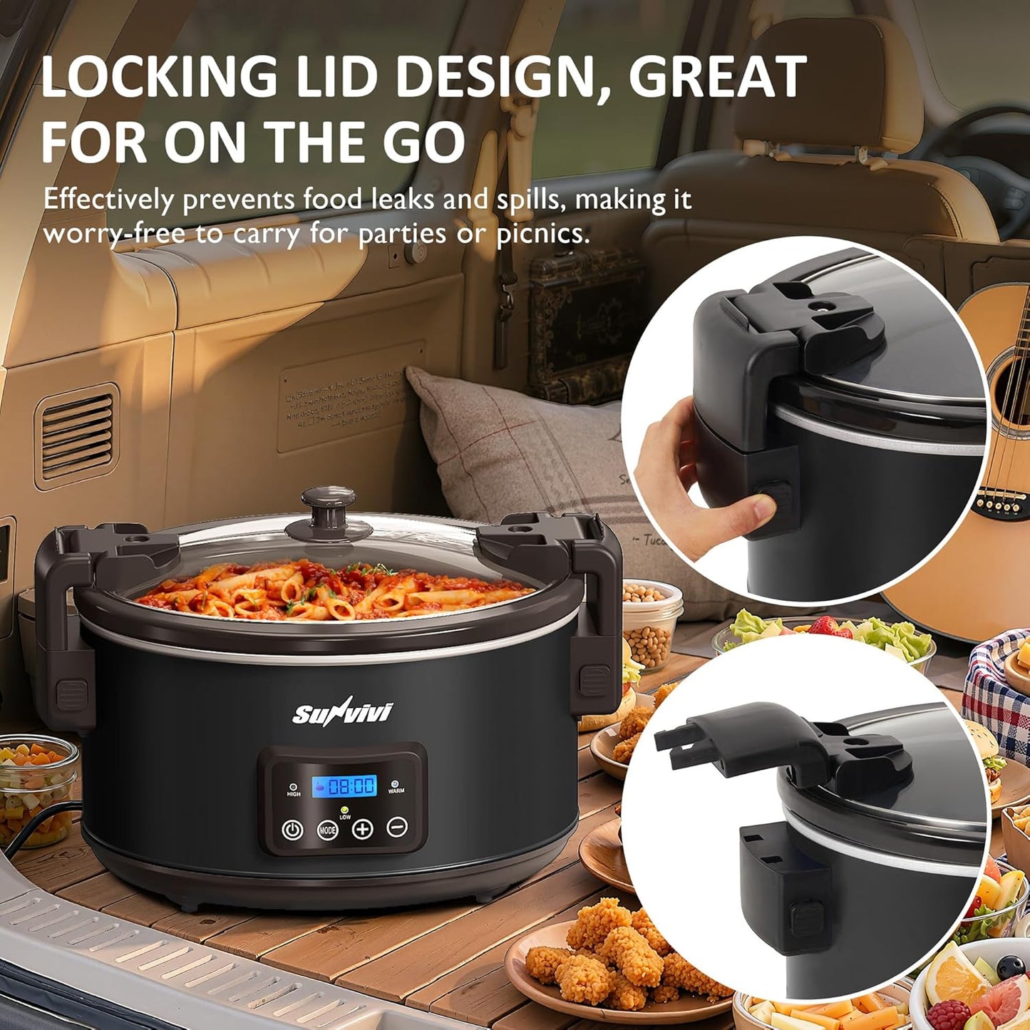 Sunvivi 8.5 Quart Programmable Slow Cooker: Multi-Cooker Food Warmer with Locking Lid & Digital Timer, Adjustable Tempature Control, Dishwasher Safe, Perfect for Families and Gatherings, Black