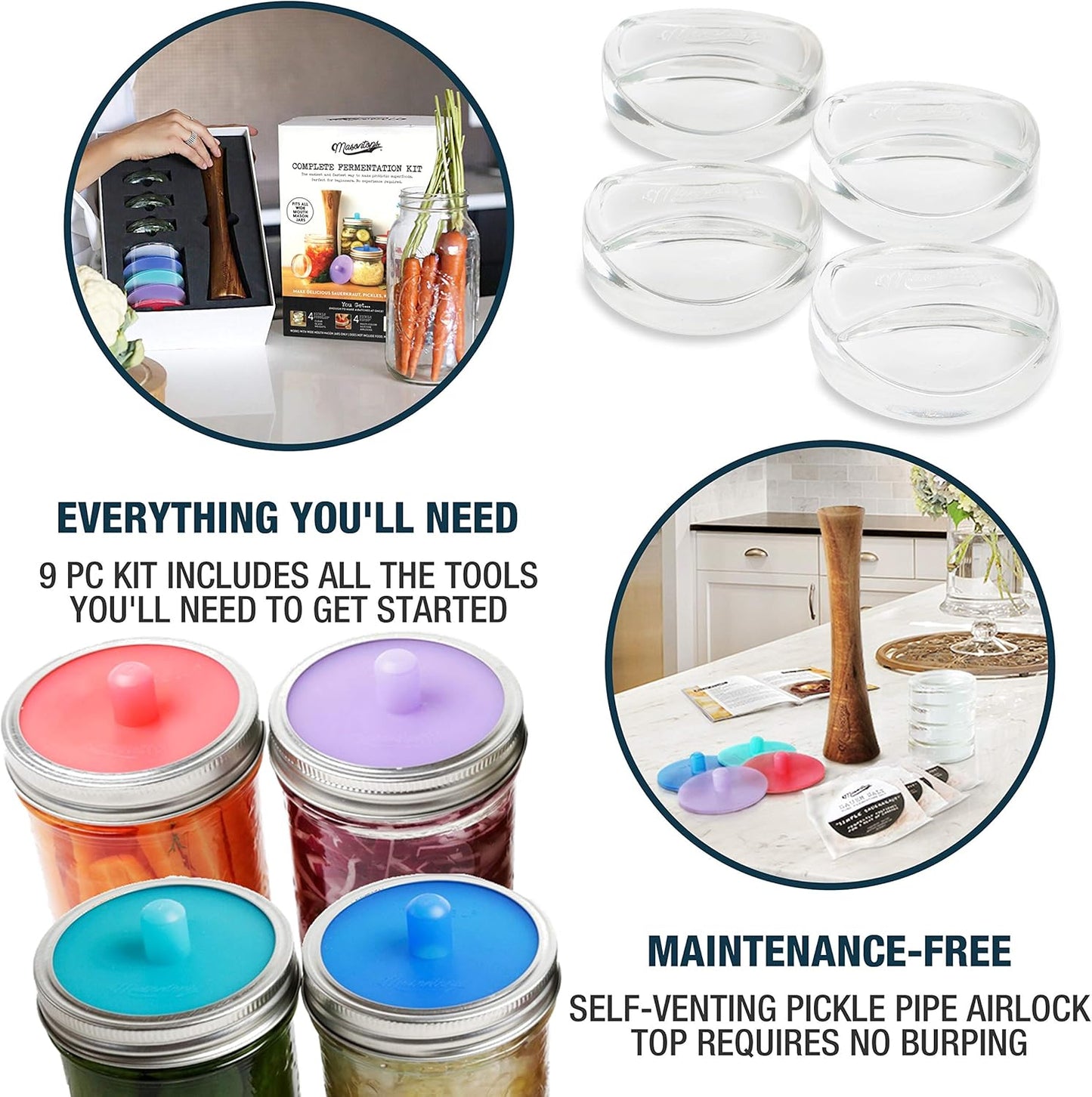 Masontops Complete Mason Jar Fermentation Kit - Pickle Kit, Sauerkraut Making Kit Kimchi Container - Fermentation Airlock Lids Wide Mouth Mason Jars