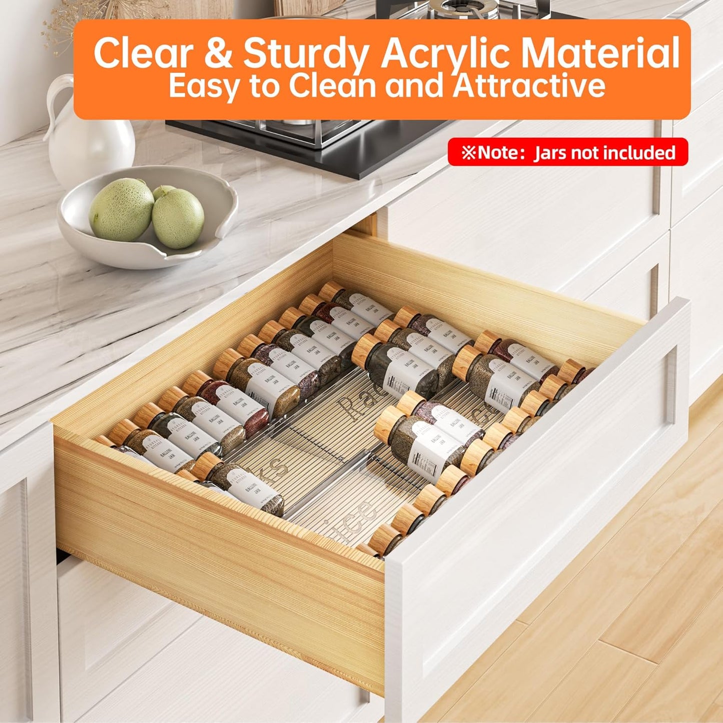8 Packs Spice Drawer Organizer, 2-Tier Acrylic Drawer Seasoning Organizer, Expandable From 11'' to 22'' Kitchen Spice Rack Organizers and Storage for Drawer (Jars not included), Clear
