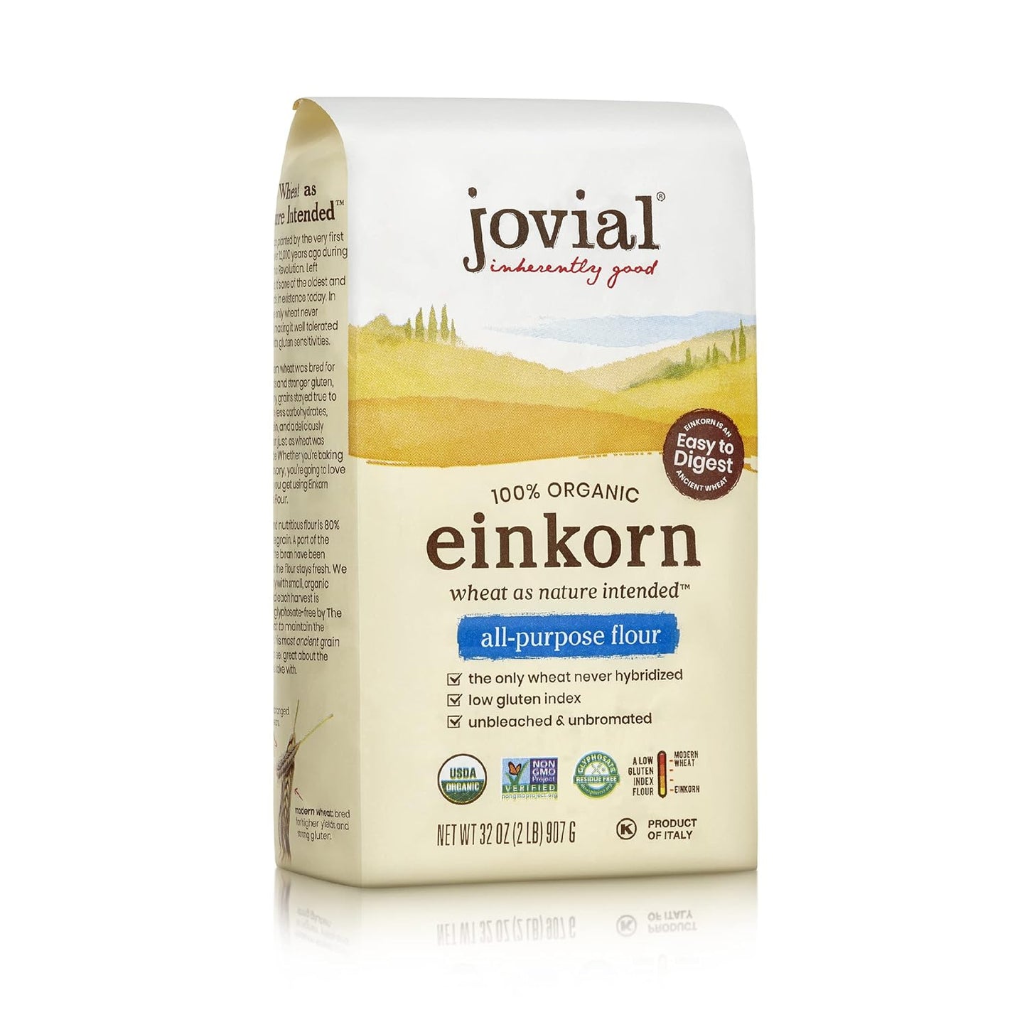 Jovial Organic Einkorn Unbleached All Purpose Flour - Bread Baking Flour for Sourdough, High Protein, Non-GMO, Organic Pizza & Pasta, European Italian, Glyphosate Free - 32 Oz