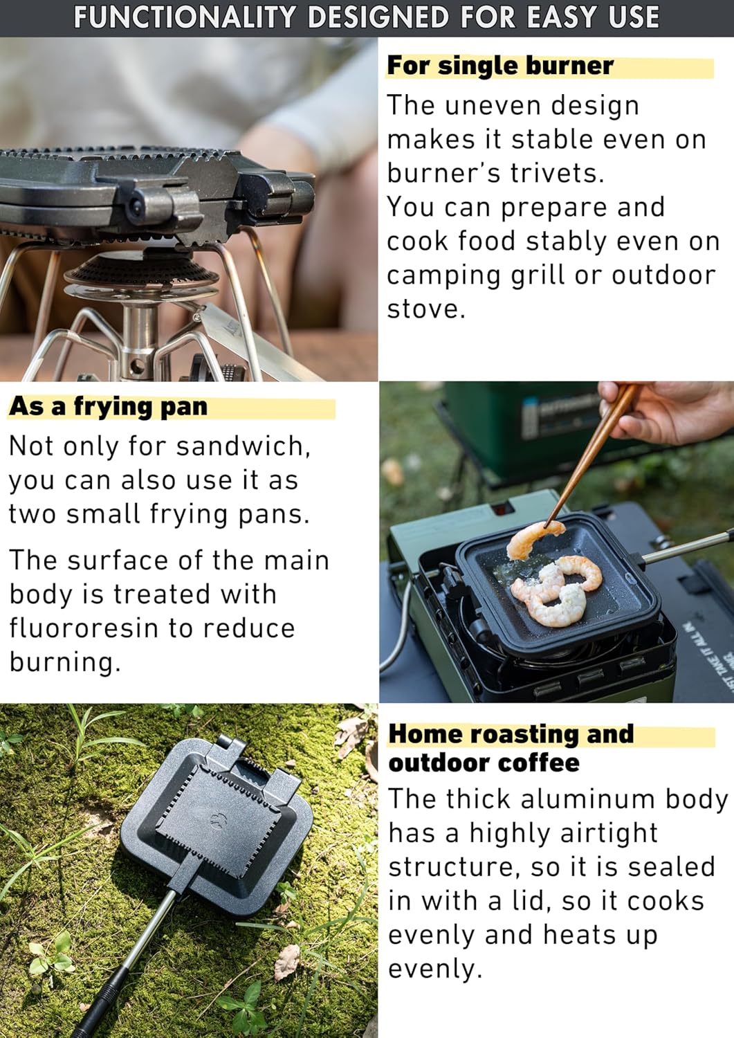 camping moon Sandwich Maker Hot Sand Single Burner Gas Fire Open Fire Compact Aluminum TT-1315 (Black w/bag)