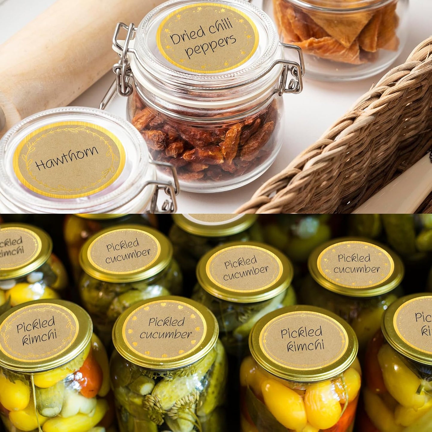 2" Kraft Label Stickers for Jars and Lids, 6 Different Gold Border Designs, Kraft Sticker Labels use for Pantry, Mason Jars, Canning, Bottles- 500pcs