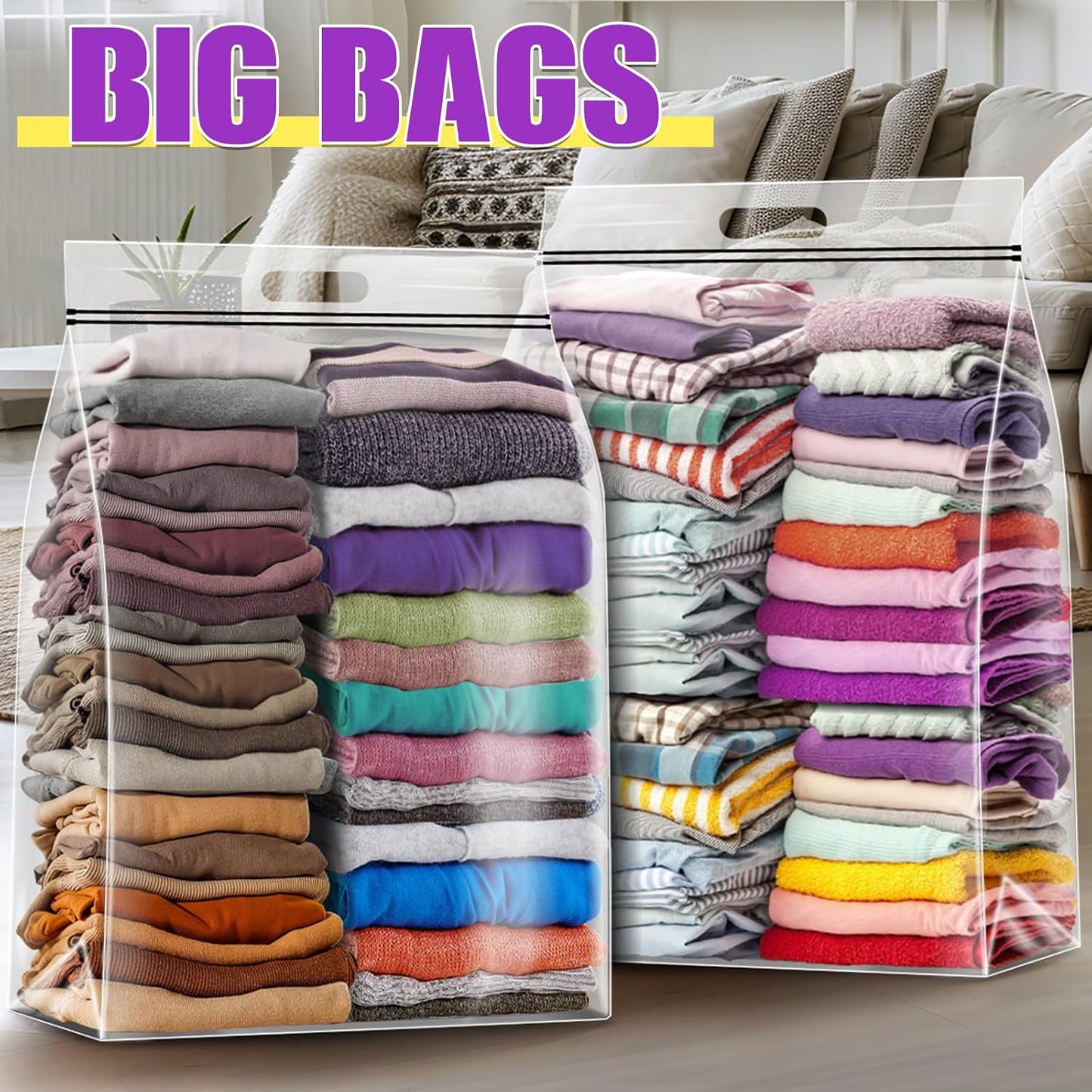 25 Gallon Extra Large Storage Bags 35”x 24”Resealable Clear Bags with Handle 4 Mil Thick Heavy Duty Big Bag for Clothes Pillow Travel Moving,Bedding,Shoes and Toys Storage, Pack of 12
