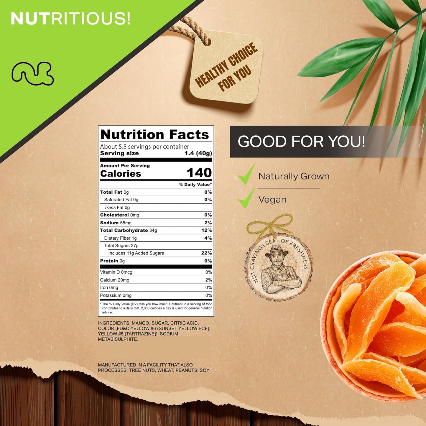 NUT CRAVINGS - Sun Dried Mango Slices, Lightly Sweetened (8oz, 1 Pack) Bulk Dry Fruits Packed Fresh in Resealable Bag - Sweet Healthy Snack, Naturally Grown, Vegan, Kosher