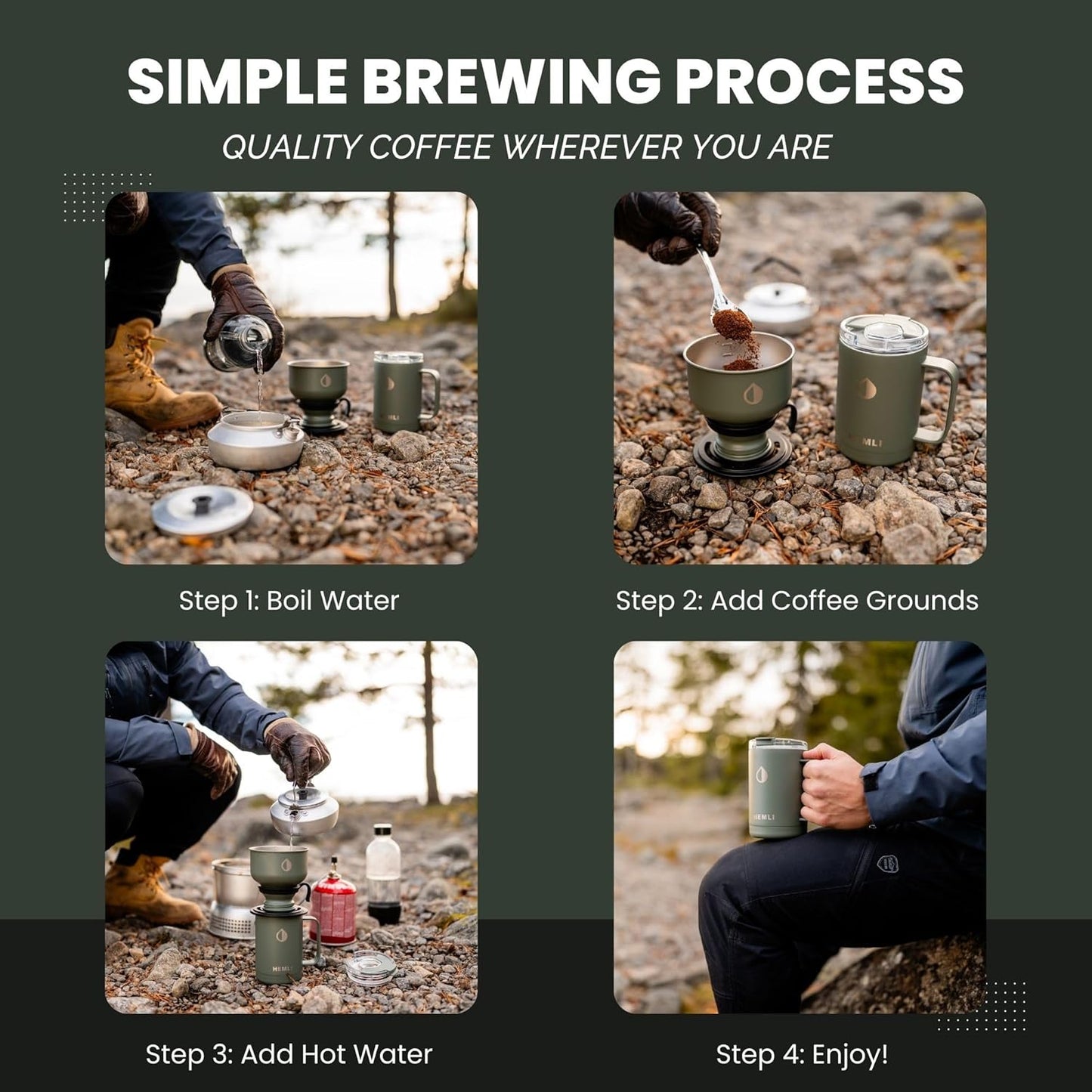 Pour Over Coffee Maker Camp Set – Vacuum Insulated Mug with Leakproof Lid, Stainless Steel Micro Filter, Scratch-Resistant Finish, Portable Coffee Maker for Camping, Travel & Outdoor Adventures