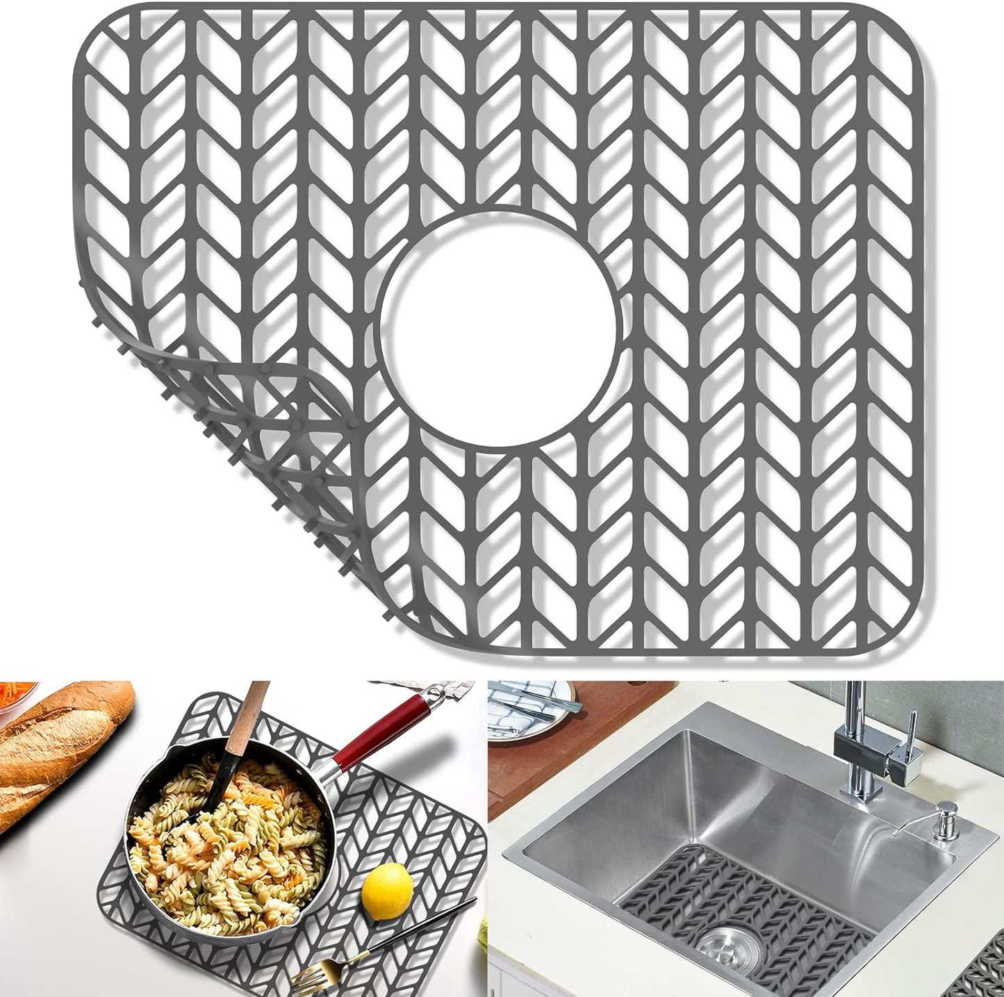GUUKIN Sink Protectors for Kitchen Sink Grid 16-3/16" X 12-1/2", Centered Drain for Single Sink Bowl with Corner Radius 4-11/16" Kitchen Mat