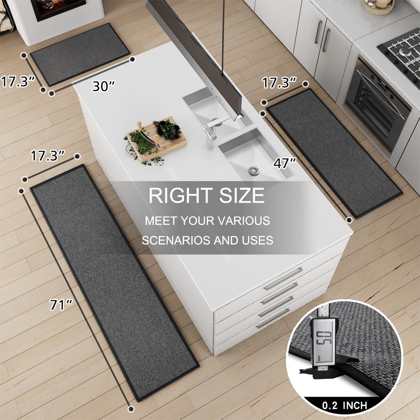 Kitchen Mat Set of 2 PCS, Cushioned Non Slip Rugs for Kitchen Floor, Absorbent Runner Comfort Standing Mats Washable for Kitchen, Office, Home, 17.3"x47"+17.3"x30" (Black)