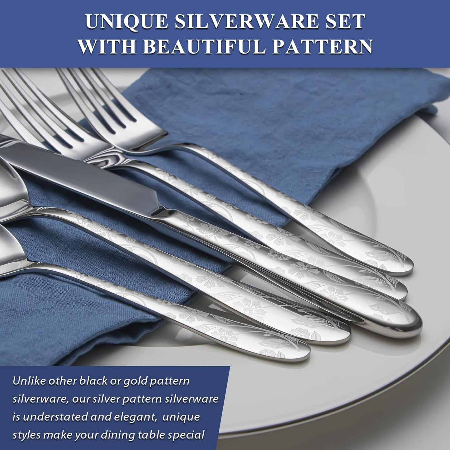 40 Piece Silverware Set Service for 8, EIUBUIE Premium Stainless Steel Cutlery Set, Mirror Polished Flatware Sets with Pattern Handle, Modern Kitchen Eating Utensils Sets Include Spoons Forks Knives