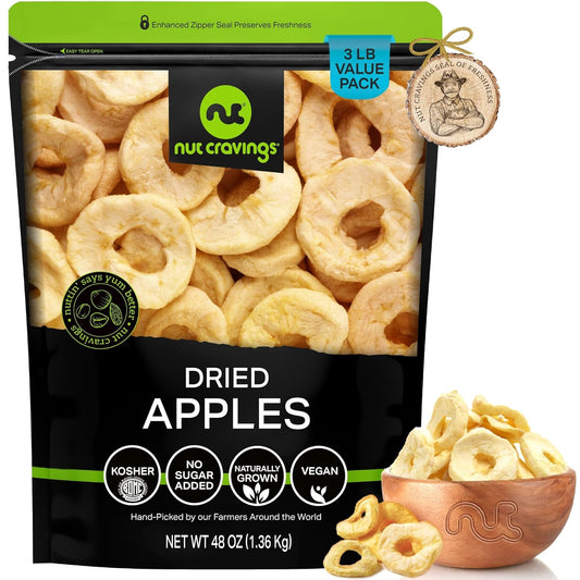 NUT CRAVINGS - Dried Apple Rings Slices, No Sugar Added - Chewy Soft Texture (48oz, 3 LB) Bulk Dry Fruits Packed Fresh in Resealable Bag - Sweet Healthy Snack, Naturally Grown, Vegan, Kosher