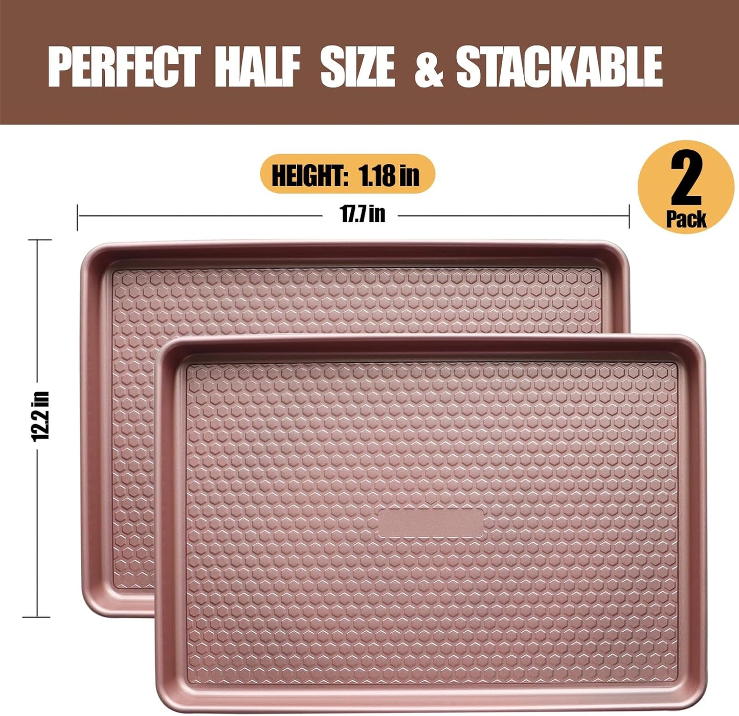 Large Baking Sheet Set (2 Pack) - Half Sheet Pan 17.7x12.2 Inch, 0.8mm Heavy Duty Carbon Steel, Nonstick & Warp Resistant Cookie Sheet for Baking, Roasting, Texture Pattern/Rose Gold