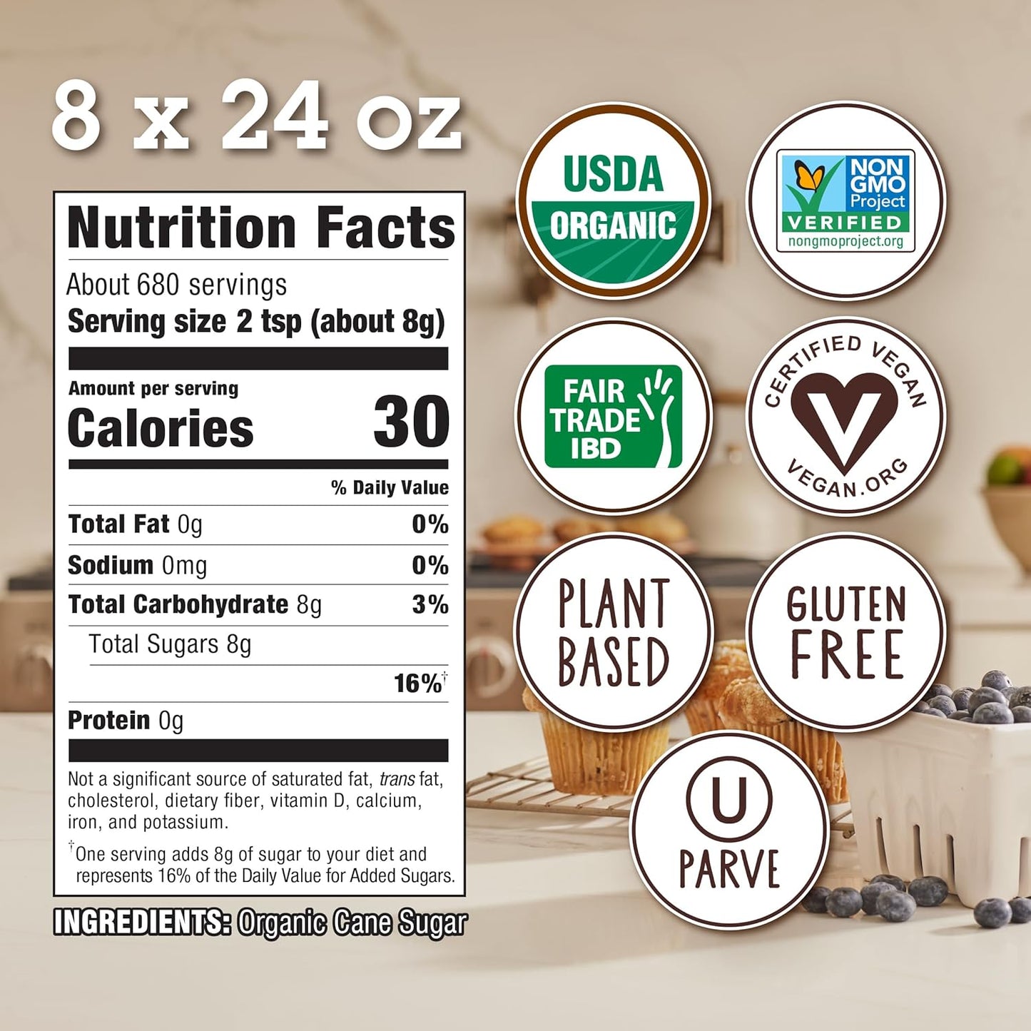 Sugar In The Raw Organic Granulated White Premium Cane Sugar, No Erythritol, Pure Natural Sweetener, Hot & Cold Drinks, Coffee, Baking, Vegan, Gluten-Free, Non-GMO, Bulk Sugar, 24 oz Bag (8-Pack)