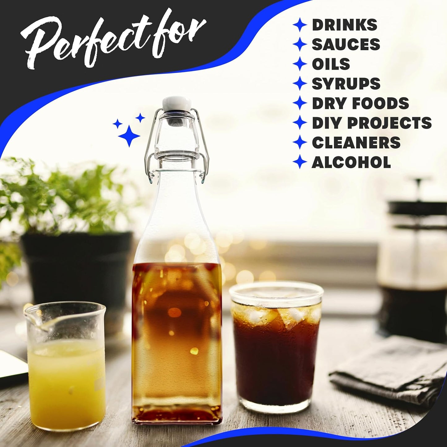 Nevlers 12 Oz Flip Top Glass Bottle 12 Pack | Square Swing Top Glass Bottles with Lids, Shrink Wrap, Paper Tags + String, Foldable Funnel, Cleaning Brush, & Gold Marker | Clear Syrup Container Set