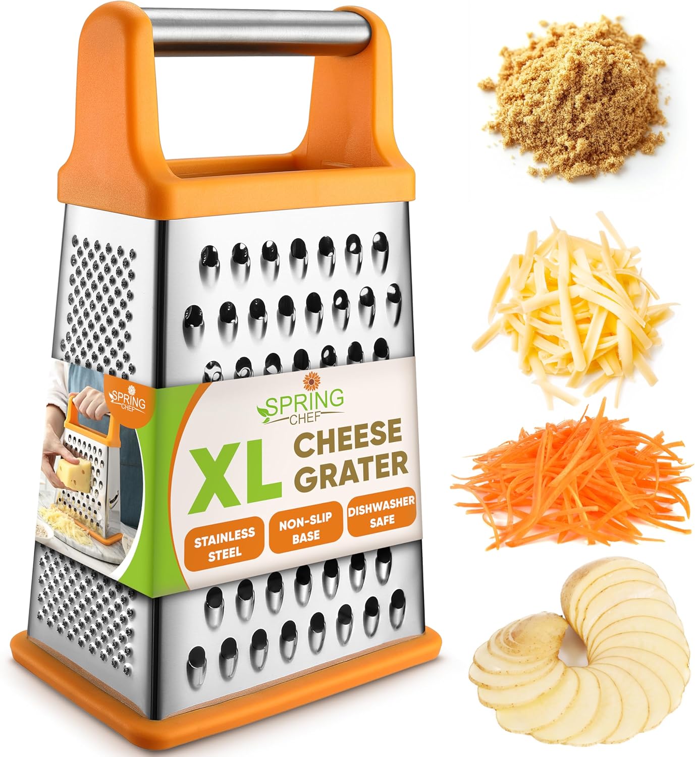 Spring Chef Handheld Stainless Steel XL Parmesan Cheese Grater with Handle - 4 Sided Manual Box Grater for Kitchen - Dishwasher Safe Cheese Shredder for Carrot, Potato, Vegetables, Hash Brown - Mango