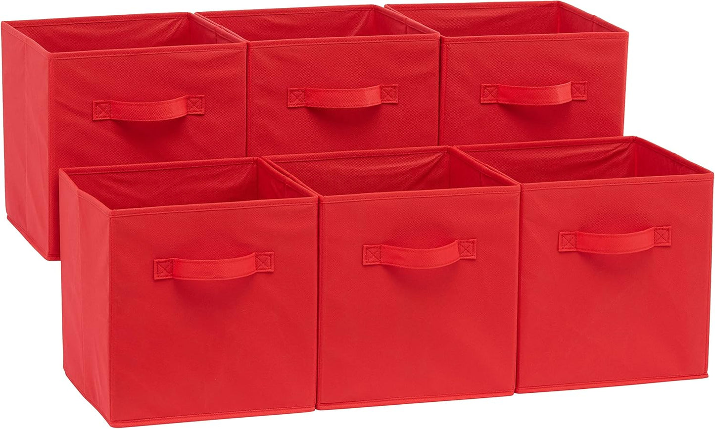 Amazon Basics Cube Organizer Storage Bins Handles, Collapsible Fabric, Pack of 6, 10.5"x10.5"x11", Red