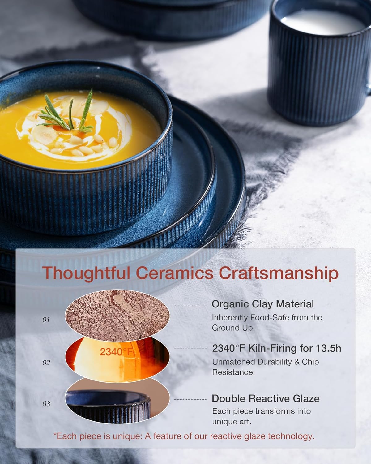 Famiware Star Dinnerware Set with Pasta Bowls, Service for 4 (16pcs), Ribbed Stoneware Plates and Bowls Dishes Sets - Chip & Scratch Resistant, Microwave & Dishwasher Safe, Nebulas Blue