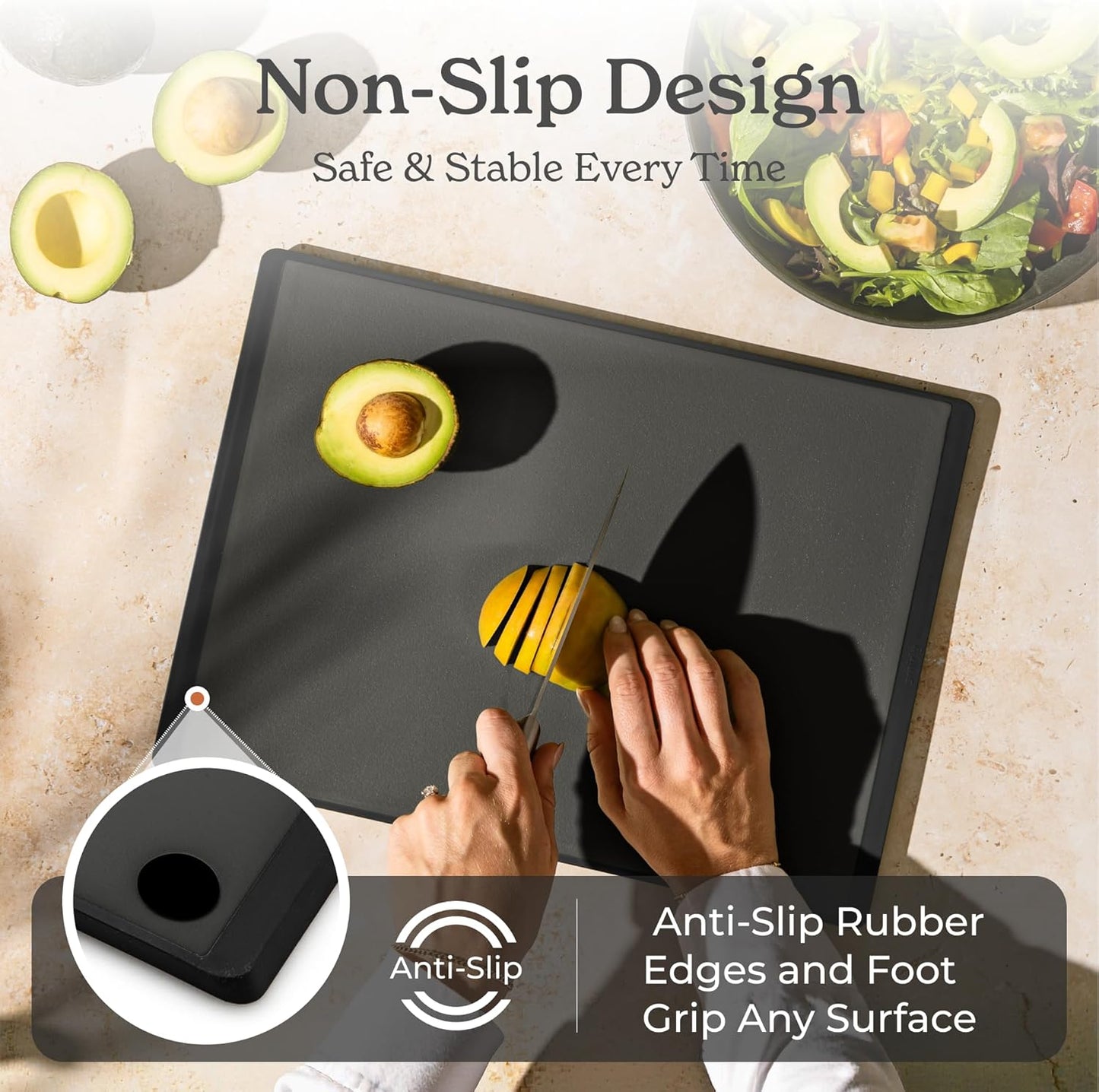 SMIRLY Plastic Cutting Board Set with Holder 4 Pieces, Non-Slip Dishwasher Safe Chopping Boards for Kitchen, Dark Grey