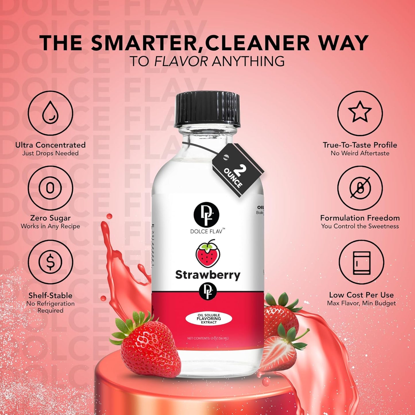 Dolce Flav Strawberry Extract – 2 Ounce Oil-Soluble Kosher, Sugar-Free, Concentrated Berry Flavor for Candy, Chocolates & Desserts, Includes Measured Dropper