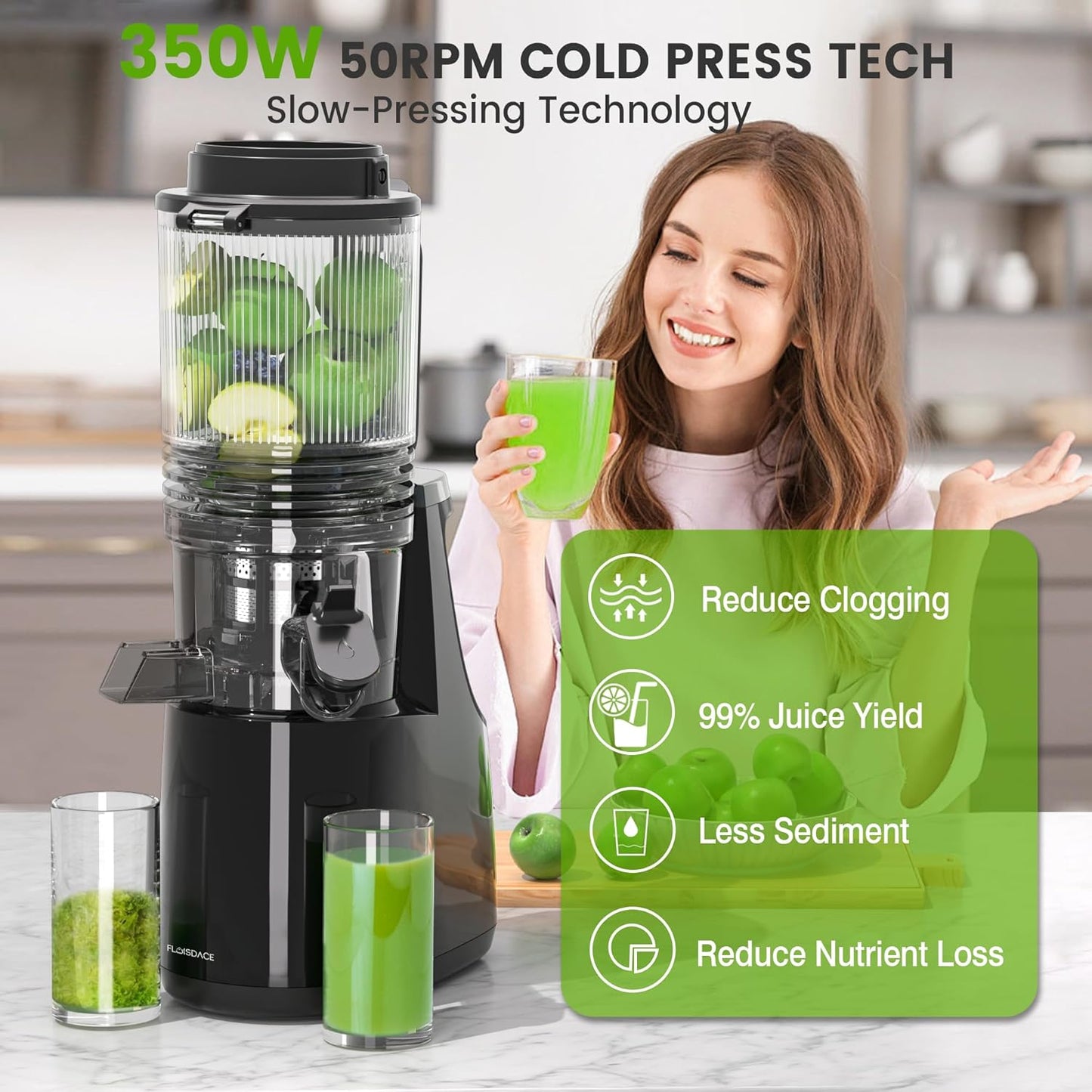 Cold Press Juicer, 6.5" Wide Feed Chute Juice Extractor Machine with Handle, High Juice Yield, 350W Professional Slow Masticating Juicer for Whole Vegetables & Fruits, Easy to Clean for Batch Juicing
