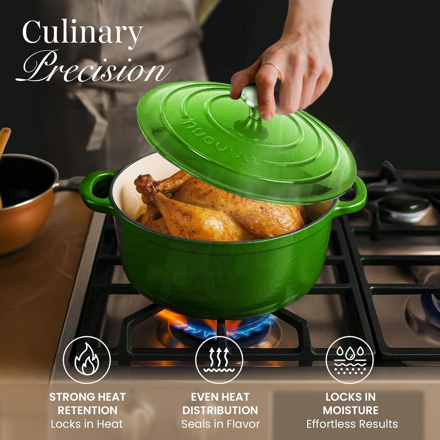 Nuovva Enamelled Cast Iron Dutch Oven Pot with Lid – 6.4 Quart Non Stick Casserole Pot – Heavy Duty & Oven Safe up to 500° F for Bread Baking, Braising, Stews, Roasting – 28cm Green