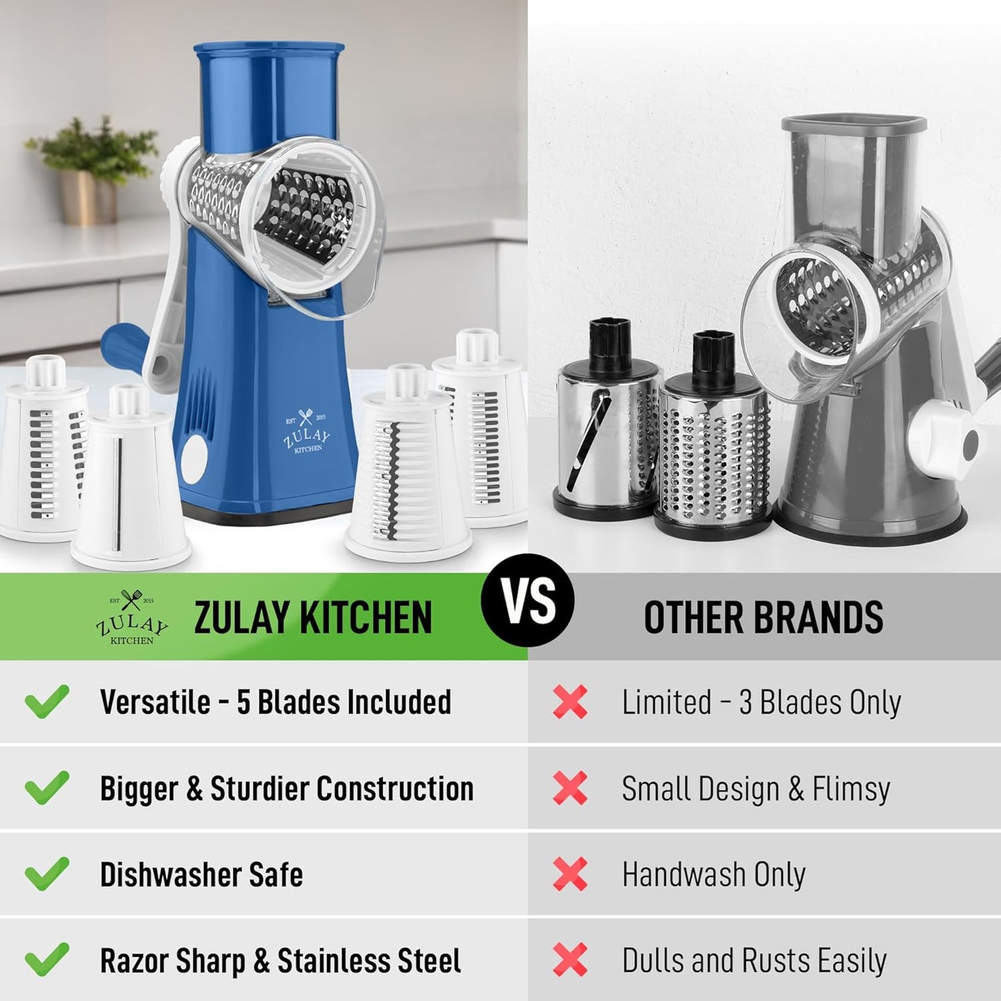 Zulay Kitchen Rotary Cheese Grater 5 Blade Cheese Shredder - Manual Hand Crank Cheese Grater With Reinforced Suction & 5 Interchangeable Drums - Easy to Use, Vegetable Chopper Round Mandoline Slicer