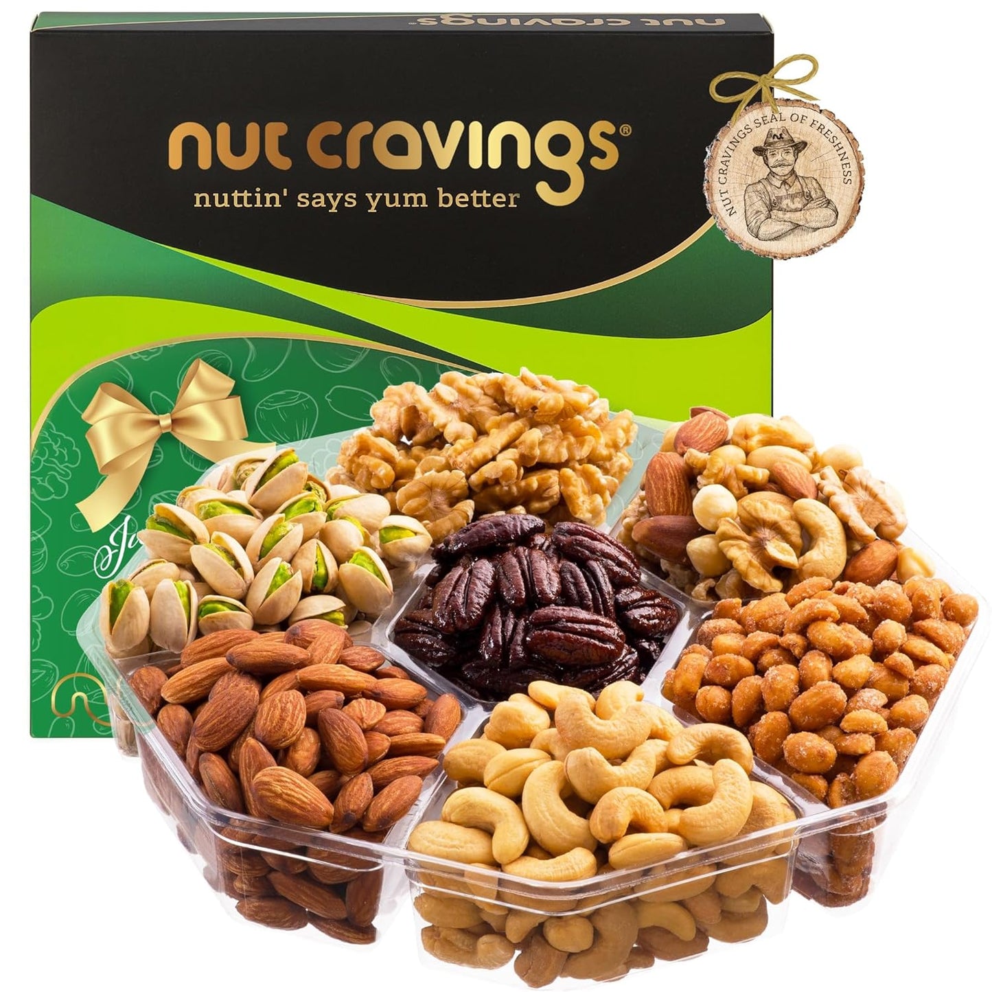 NUT CRAVINGS - Mixed Nuts Gift Basket in Green Gold Box (7 Assortments, 2 LB) Food Arrangement, Healthy Snack Care Package, Food Assortments