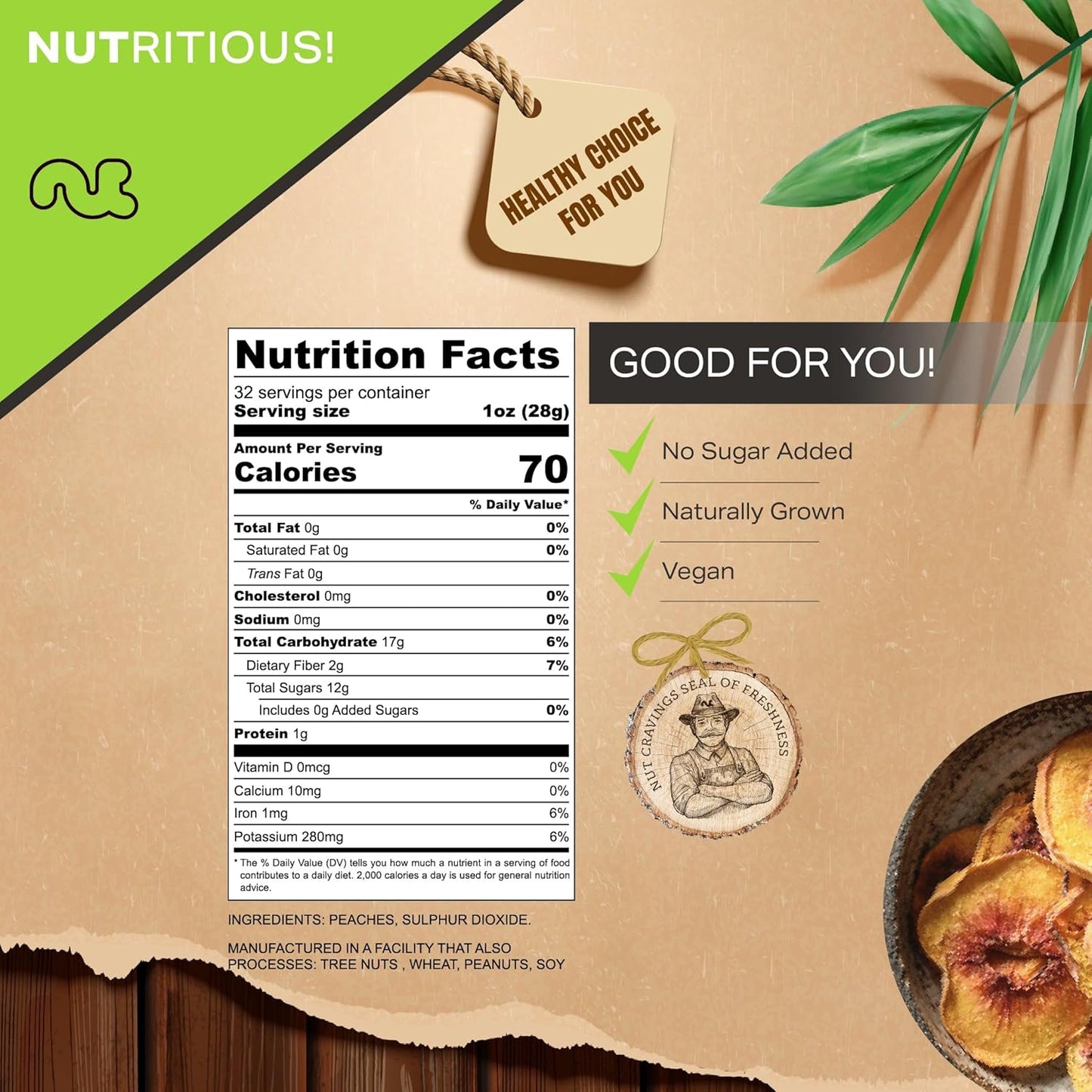 NUT CRAVINGS - Sun Dried California Peaches, No Sugar Added (32oz, 2 LB) Bulk Dry Fruits Packed Fresh in Resealable Bag - Sweet Healthy Snack, Naturally Grown, Vegan, Kosher