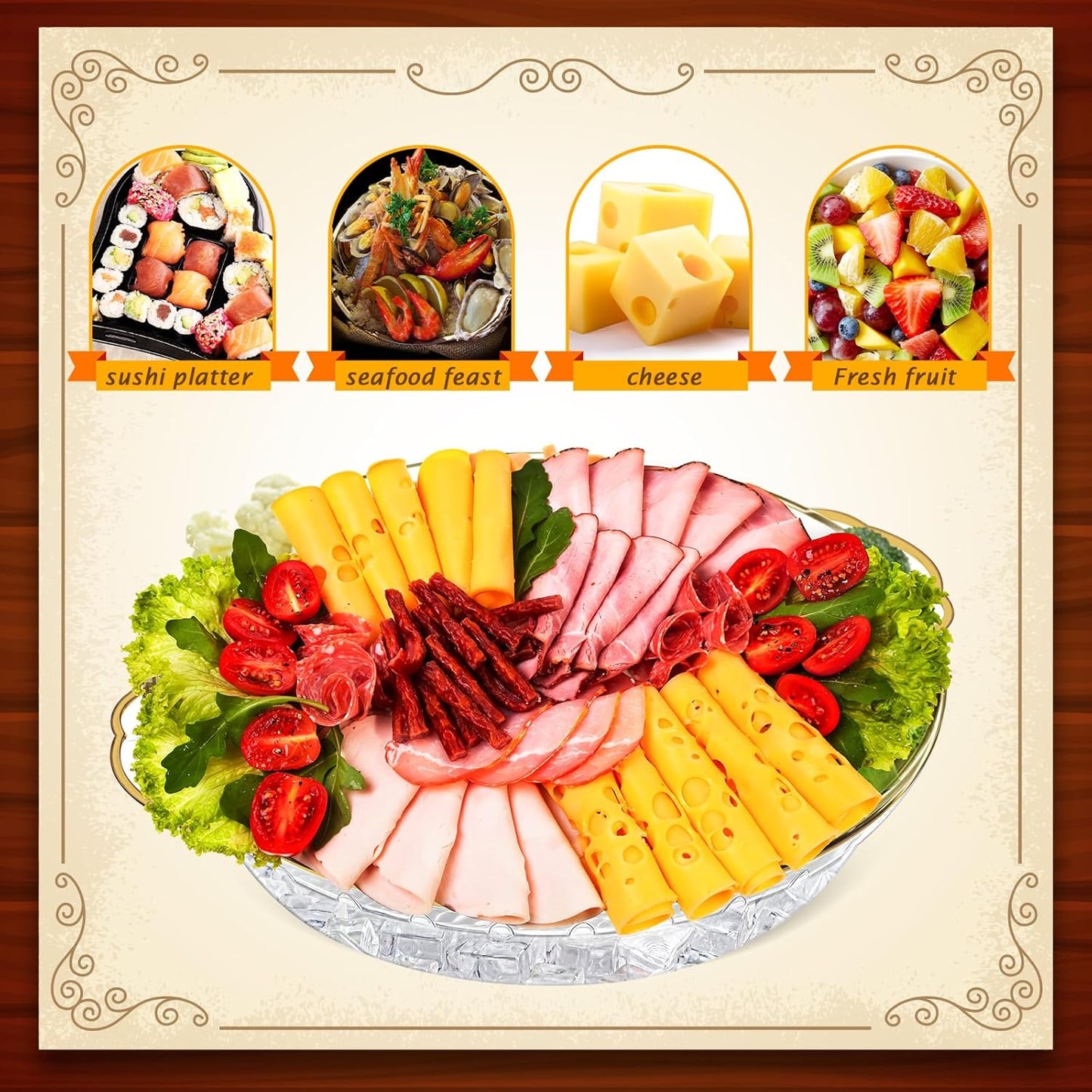 Baderke 6 Set 11.8" Chilled Serving Tray for Parties with Compartments Ice Chilled Party Platter Charcuterie Serving Board Cold Dish Dip for Fruit Seafood Vegetable Shrimp Cocktail (Gold)