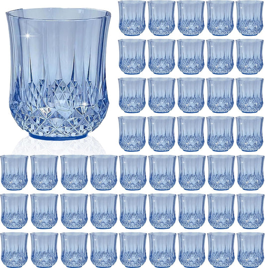 48 PCS Blue Stemless Wine Glasses，Plastic Reusable Cups 9OZ Vintage Drinking Glasses Tumblers for Whisky, Beer, Juice, Beverages, Cocktai