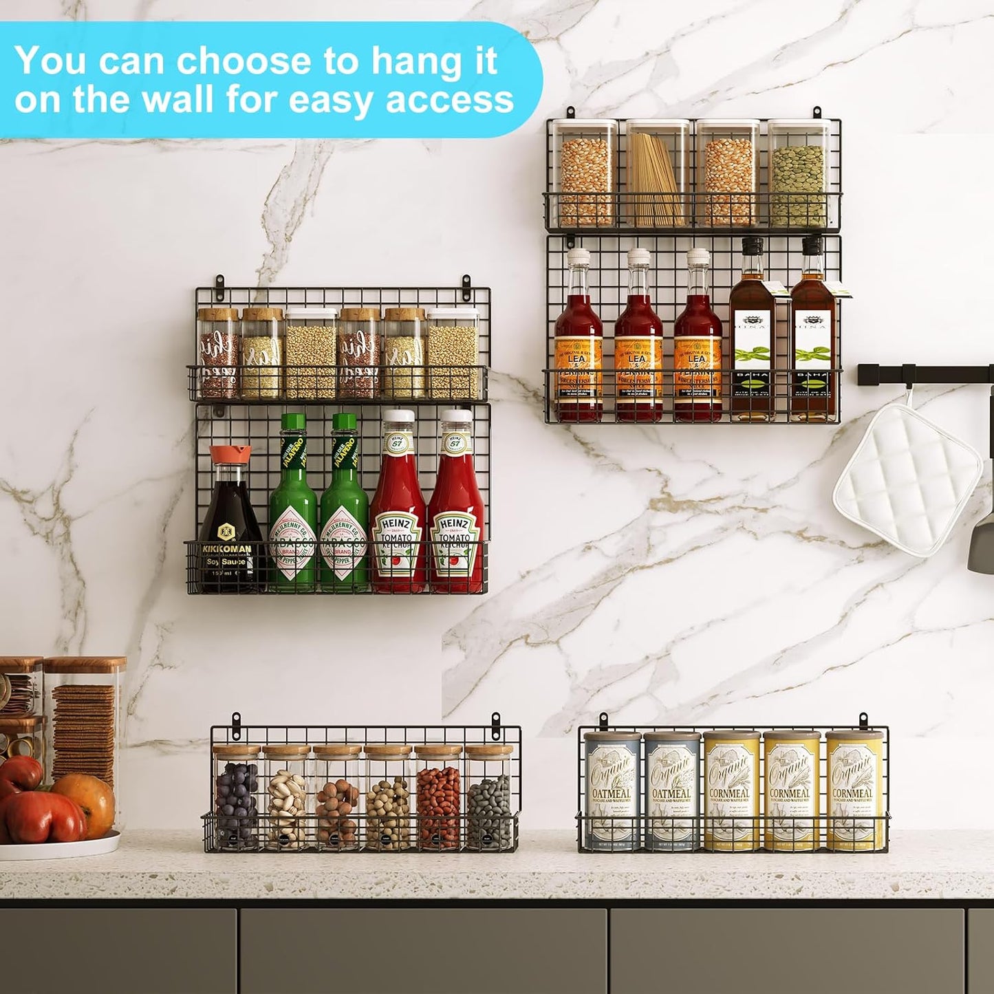 JKsmart High Capacity 6-Tier Spice Rack Organizer with Door Hook, Wall-Mounted & Over-the-Door for Kitchen Pantry Cabinet - Black